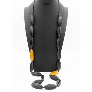 Vintage Signed Kaliko Long Black Butterscotch Wood Resin Beaded Cord Necklace